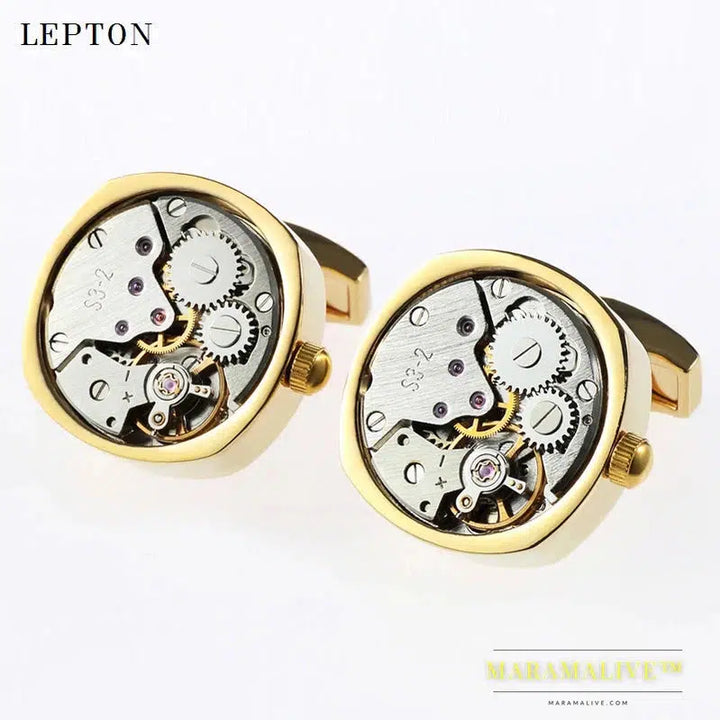 Hot Watch Movement Cufflinks of immovable Lepton Stainless Steel Can't Move Steampunk Gear Watch Mechanism Cufflinks for Mens