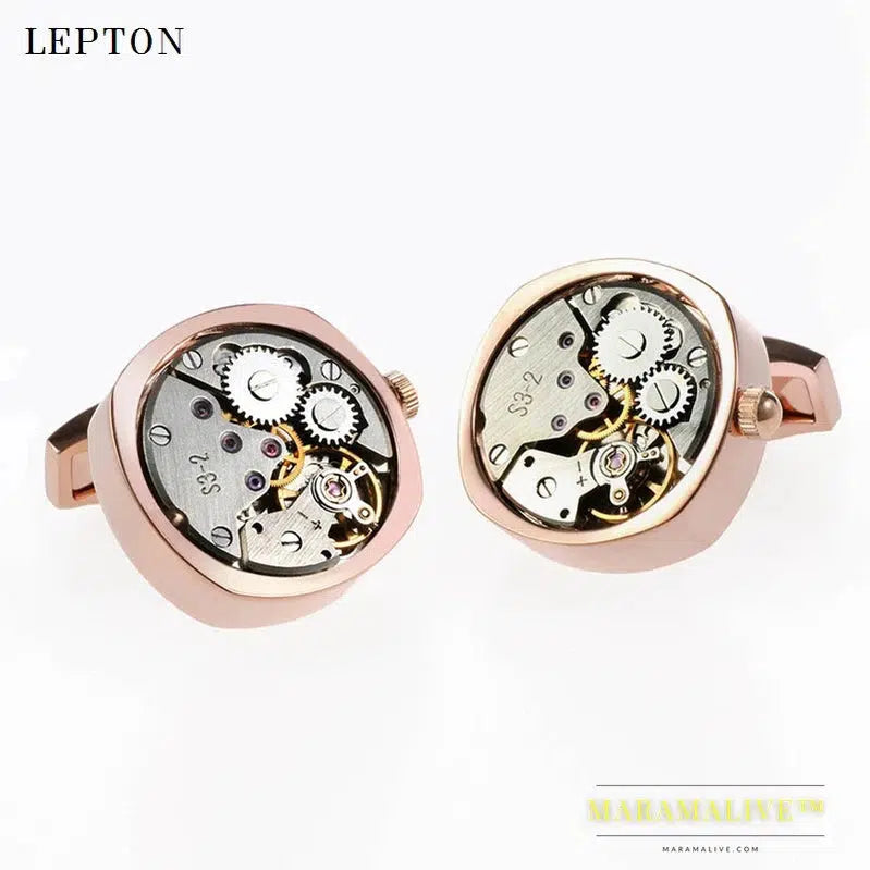 Hot Watch Movement Cufflinks of immovable Lepton Stainless Steel Can't Move Steampunk Gear Watch Mechanism Cufflinks for Mens