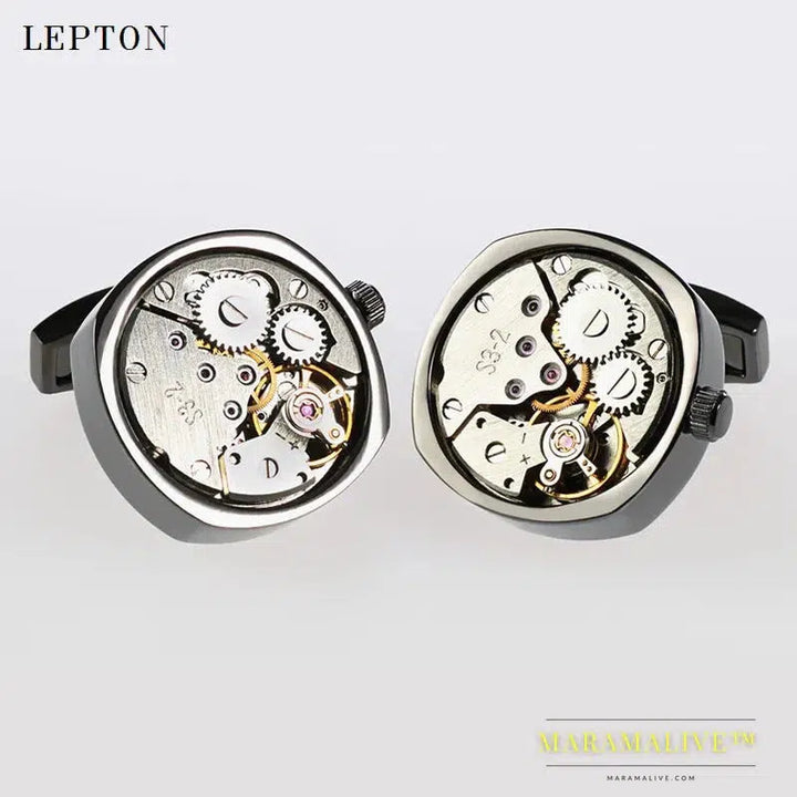 Hot Watch Movement Cufflinks of immovable Lepton Stainless Steel Can't Move Steampunk Gear Watch Mechanism Cufflinks for Mens