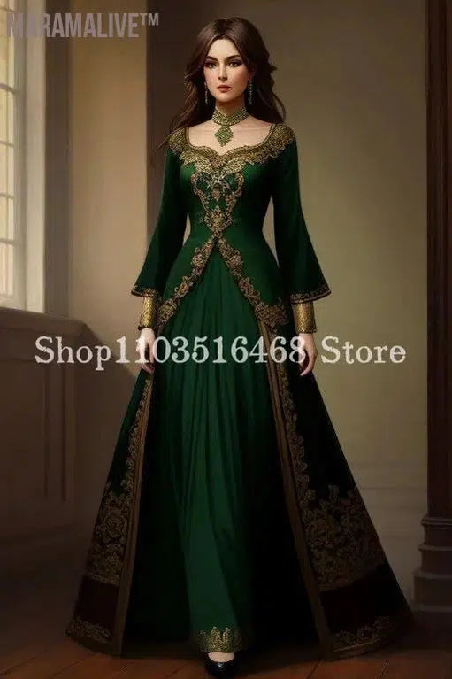 Hunter Green A-line Victorian Evening Dresses Long Sleeve Long Satin Gold Applique Customised Long Medieval Masquerade Dresses