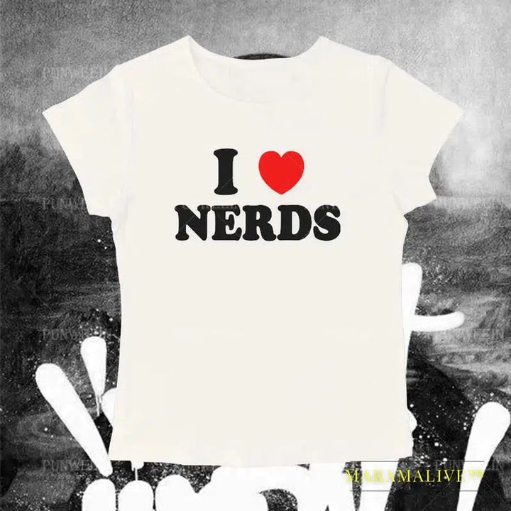 I Love Nerds Letter Goth T-shirt Women Short sleeved Tops US Street Sexy Crop Tops Slim Emo Baby Tees Y2K Clothes