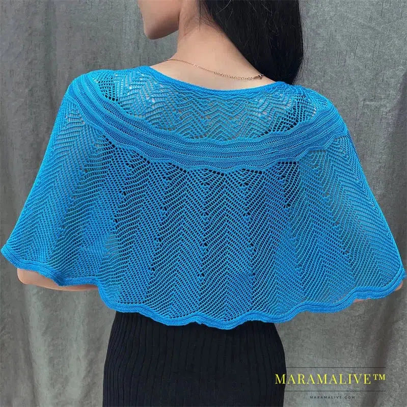 Ice Silk Hollow Knit Sunscreen Shawl Female Summer Air Conditioning Neck Protection Pullover Knit Blouse Women's Cape