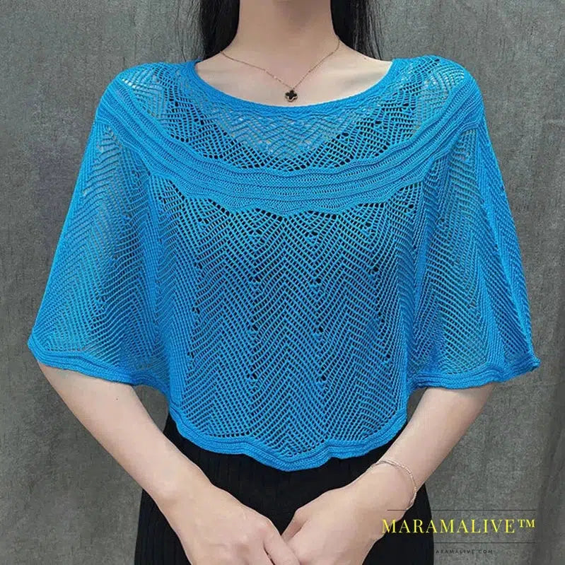 Ice Silk Hollow Knit Sunscreen Shawl Female Summer Air Conditioning Neck Protection Pullover Knit Blouse Women's Cape