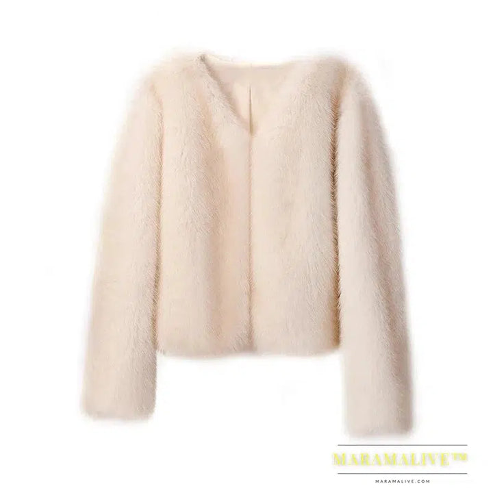 Iconic Street Fashion Week Luxury Brand Gradient Cropped Faux Fur Coat Women Winter 2023 Hot Cool Girls Fluffy Short Fur Jacket