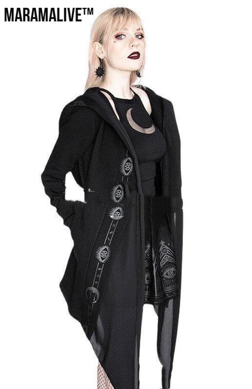 Irregular Black Punk Hooded Jacket Long Patchwork Printed Sweater