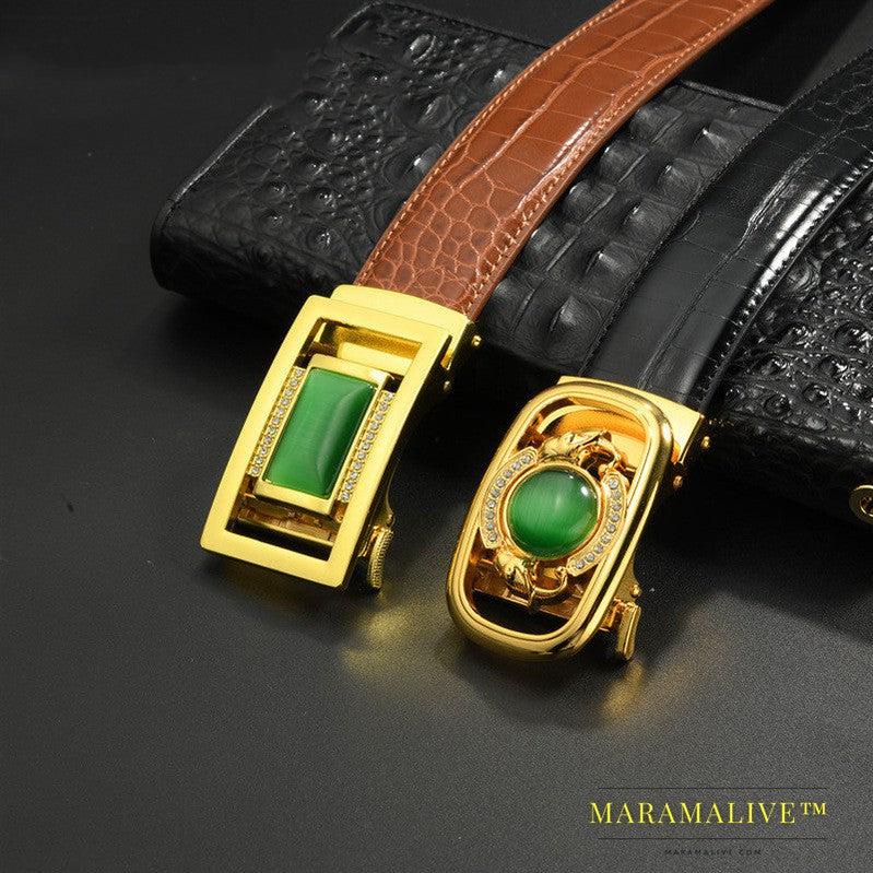 Jade Belly Pattern Alloy Diamond-studded Automatic Buckle Belt