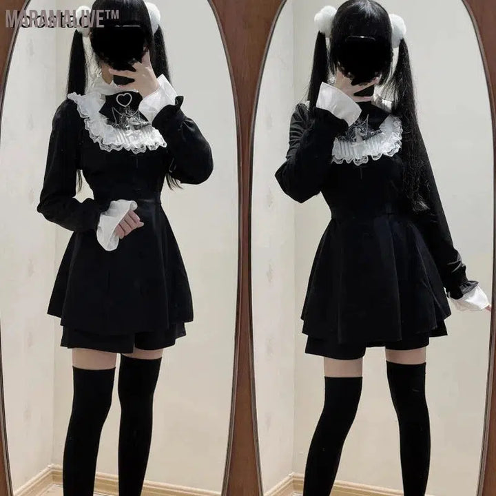 Japanese Gothic Lolita Dress Women Harajuku Y2k Bow Lace Ruffles Collar Long Sleeve Mini Dresses Female Elegant Party Cute Dress