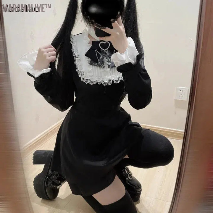 Japanese Gothic Lolita Dress Women Harajuku Y2k Bow Lace Ruffles Collar Long Sleeve Mini Dresses Female Elegant Party Cute Dress