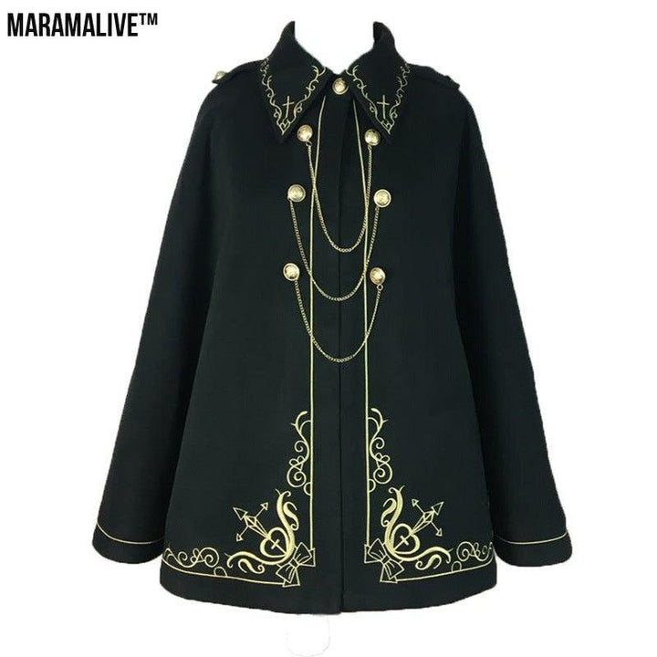 Japanese Style Soft And Hard Girl Cool Cos Role Lapel Dark Night Gothic Handsome Embroidered Swallowtail Woolen Cape Coat Coat