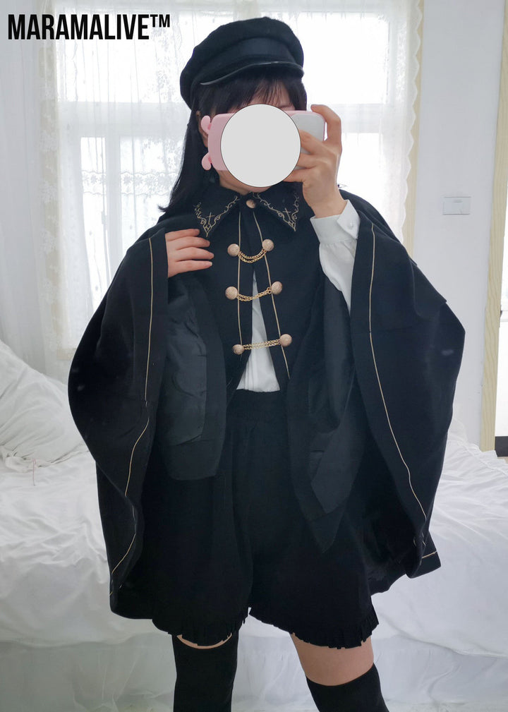 Japanese Style Soft And Hard Girl Cool Cos Role Lapel Dark Night Gothic Handsome Embroidered Swallowtail Woolen Cape Coat Coat