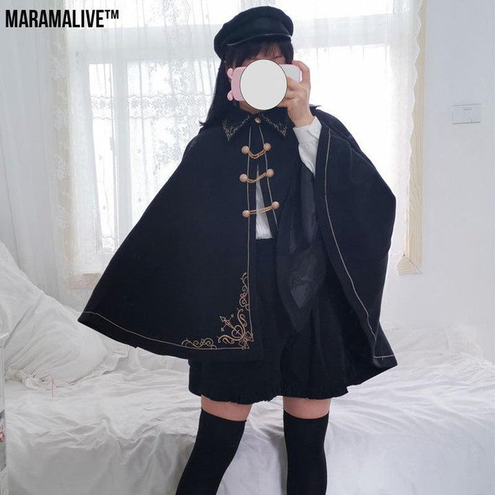 Japanese Style Soft And Hard Girl Cool Cos Role Lapel Dark Night Gothic Handsome Embroidered Swallowtail Woolen Cape Coat Coat