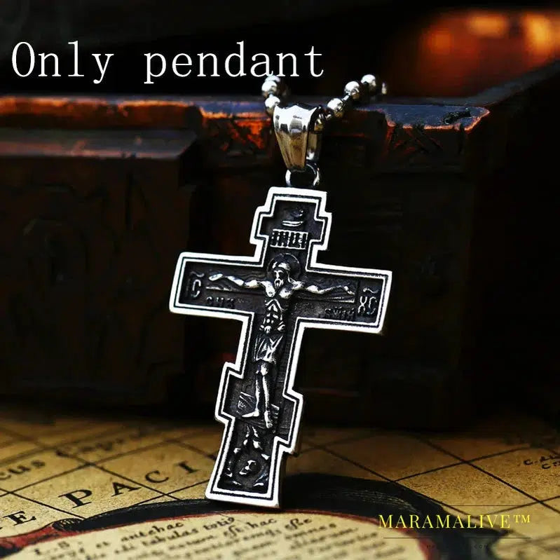 Jesus Cross Men's Stainless Steel Crucifix Eastern Orthodox Pendant Chain Necklace Jewelry