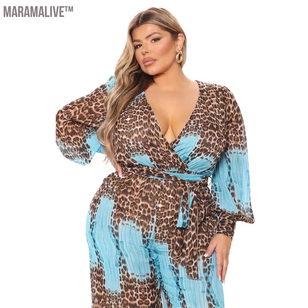 Jumpsuit Plus Size Clothing Fall Clothes for Women V Neck Leopard Print Wide Leg Elegant Fashion Outfit