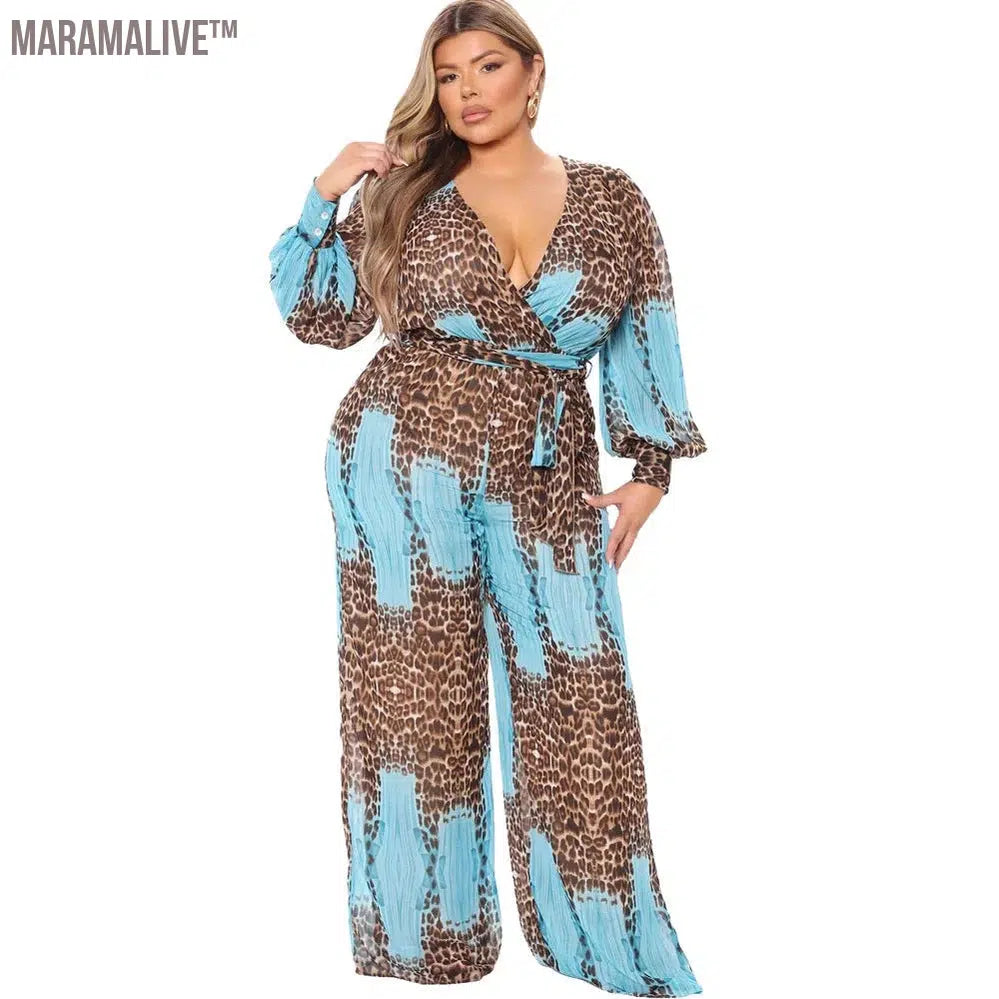 Jumpsuit Plus Size Clothing Fall Clothes for Women V Neck Leopard Print Wide Leg Elegant Fashion Outfit