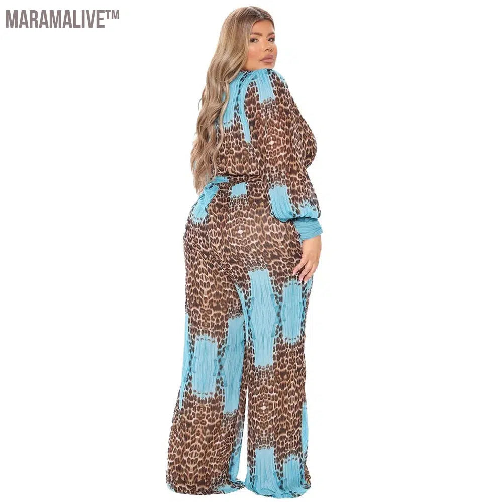 Jumpsuit Plus Size Clothing Fall Clothes for Women V Neck Leopard Print Wide Leg Elegant Fashion Outfit