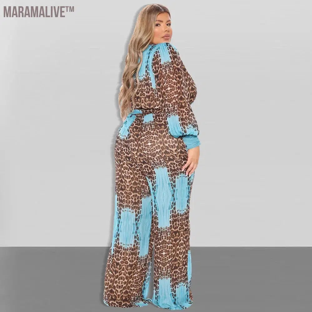 Jumpsuit Plus Size Clothing Fall Clothes for Women V Neck Leopard Print Wide Leg Elegant Fashion Outfit