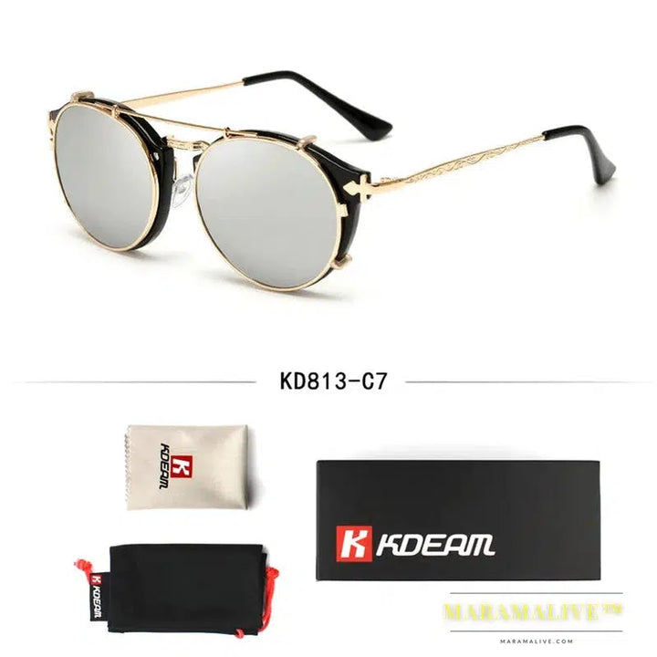 Kdeam Happy Clip On Sunglasses Men Removable Round Glasses Steampunk Women Carve Design Sunglass With Brand Box