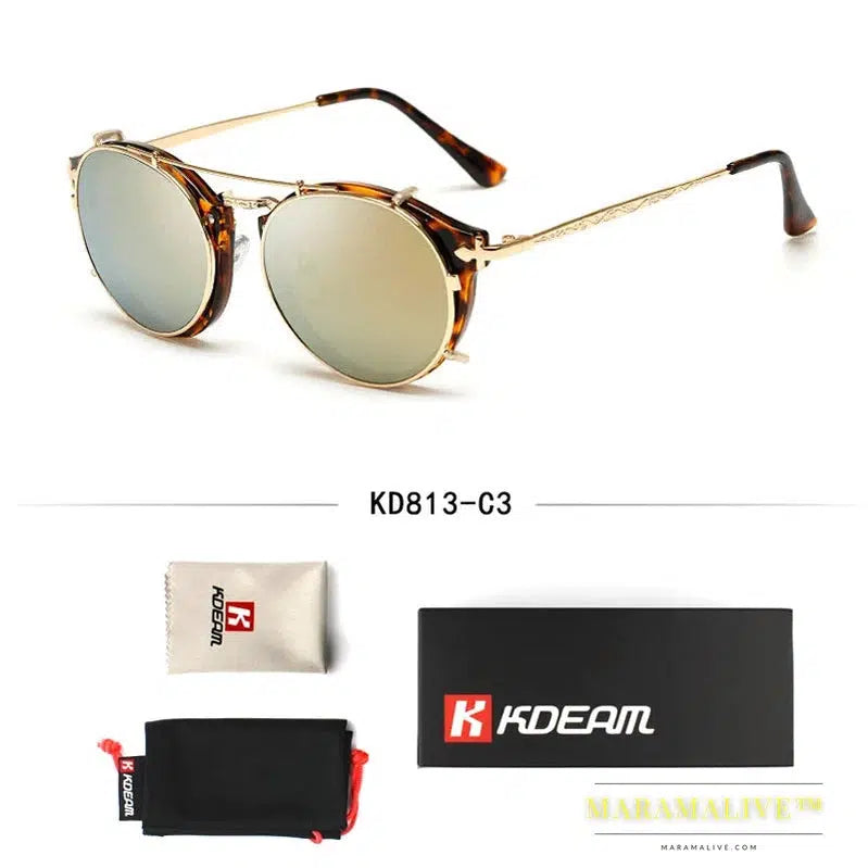 Kdeam Happy Clip On Sunglasses Men Removable Round Glasses Steampunk Women Carve Design Sunglass With Brand Box