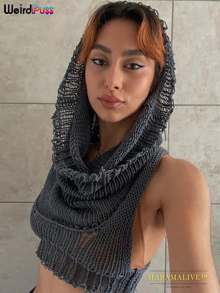 Knit Hooded Tank Top Y2K Women Solid Crochet Sleeveless Sexy Navel Camisole Stretch Skinny Street Hipster Wild Vest