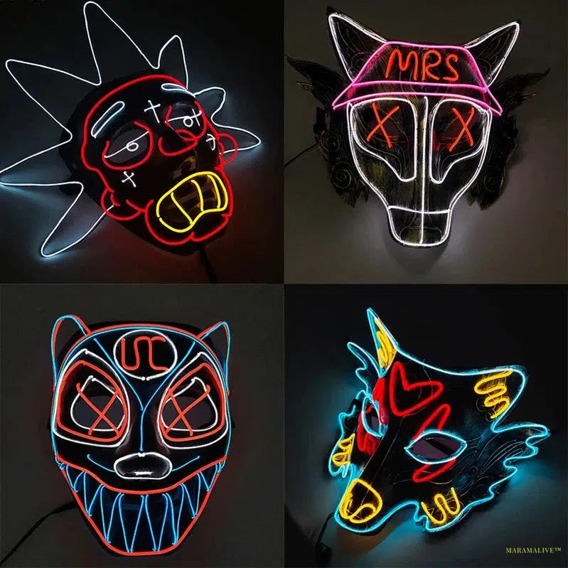 LED Neon Face Mask for Halloween Party, Bar, Rave Party, Ball Masquerade, Glowing Horror, Creepy Cosplay, Disco, Scary Theme