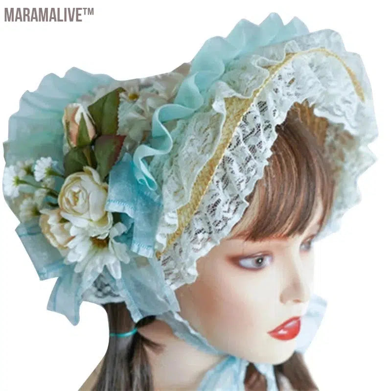 Lace Fascinators For Women Teas Party SunHat Victorian Bonnet Lolit Straw Hat Victorian Headdress Floral Straw Hat