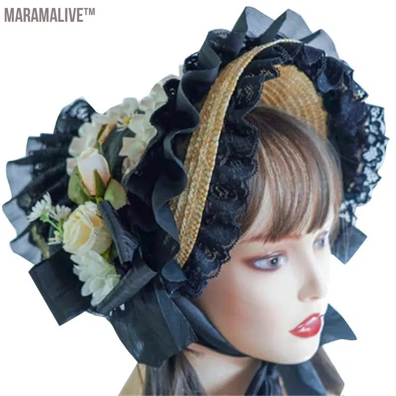 Lace Fascinators For Women Teas Party SunHat Victorian Bonnet Lolit Straw Hat Victorian Headdress Floral Straw Hat