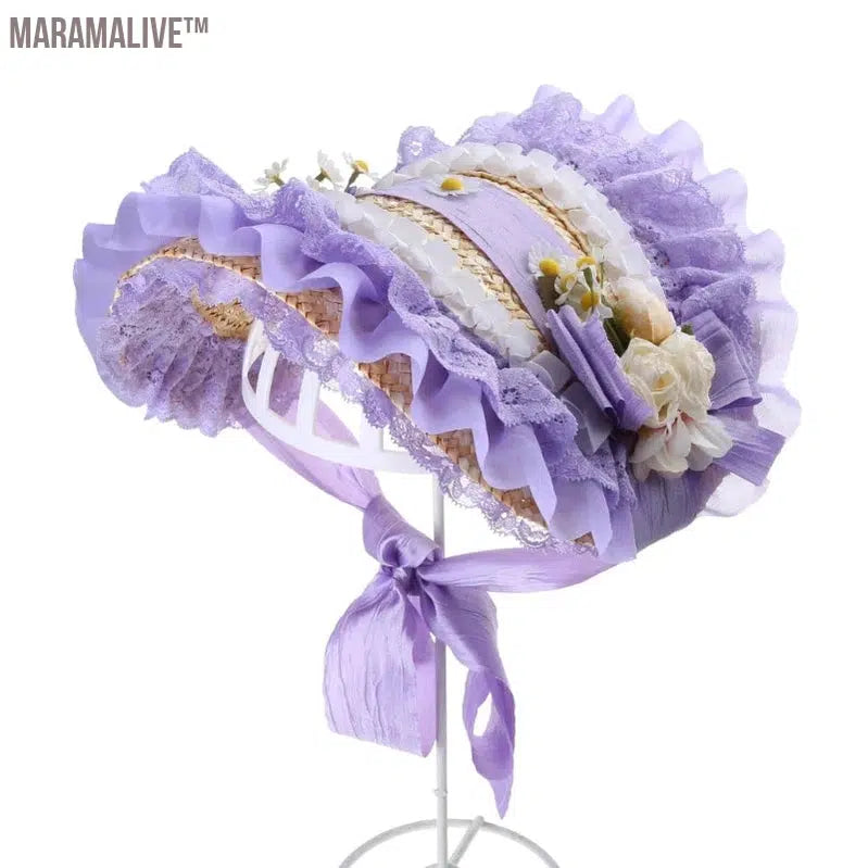 Lace Fascinators For Women Teas Party SunHat Victorian Bonnet Lolit Straw Hat Victorian Headdress Floral Straw Hat