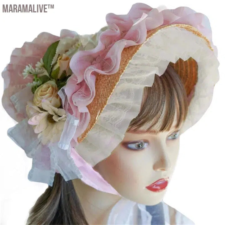 Lace Fascinators For Women Teas Party SunHat Victorian Bonnet Lolit Straw Hat Victorian Headdress Floral Straw Hat