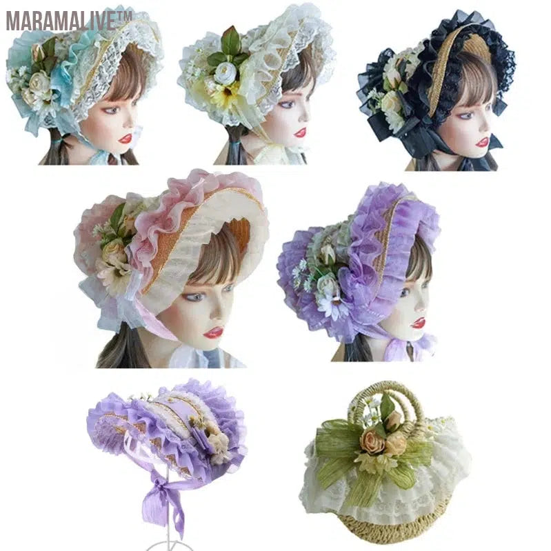 Lace Fascinators For Women Teas Party SunHat Victorian Bonnet Lolit Straw Hat Victorian Headdress Floral Straw Hat