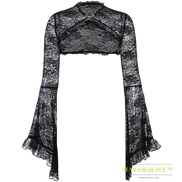 Lace Mall Gothic See Through Shrug Tops Grunge Aesthetic Black Flare Sleeve Crop Top Women Vintage Punk Sexy Clothing