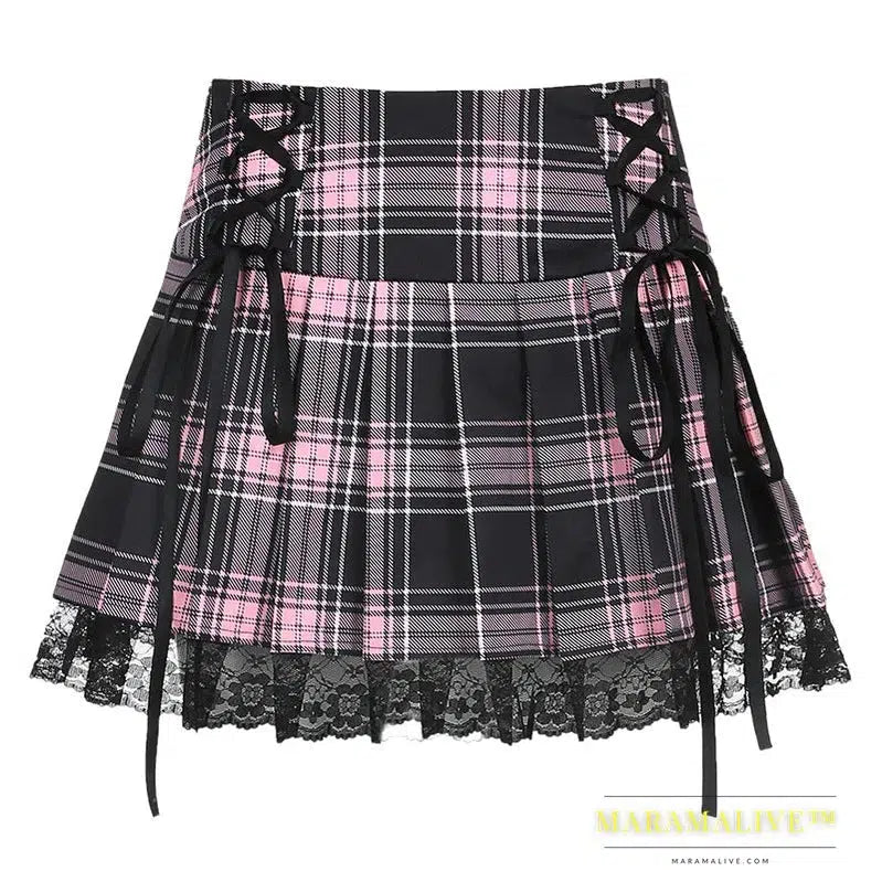 Lace Up Goth Y2K Woman Skirts Pink Stripe Plaid Lace Trim Pleated School Skirt Punk Dark Academia Aesthetic E Girl Clothes