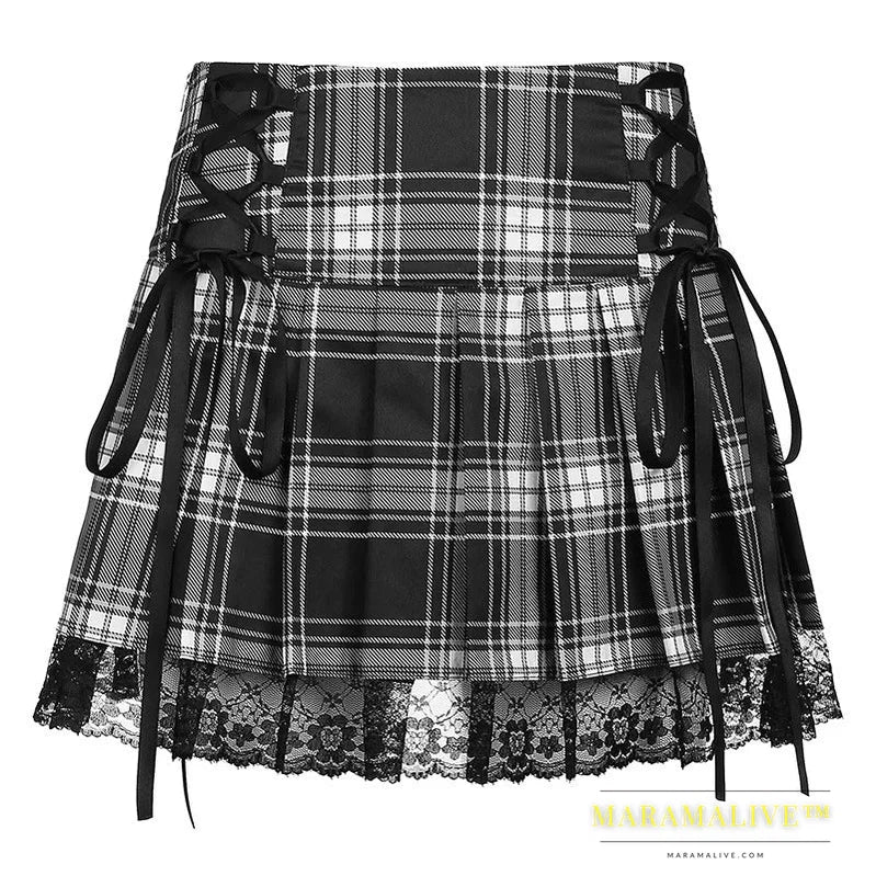 Lace Up Goth Y2K Woman Skirts Pink Stripe Plaid Lace Trim Pleated School Skirt Punk Dark Academia Aesthetic E Girl Clothes