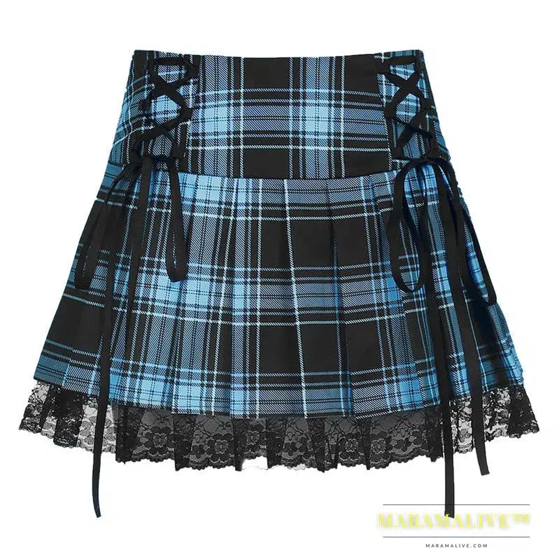 Lace Up Goth Y2K Woman Skirts Pink Stripe Plaid Lace Trim Pleated School Skirt Punk Dark Academia Aesthetic E Girl Clothes