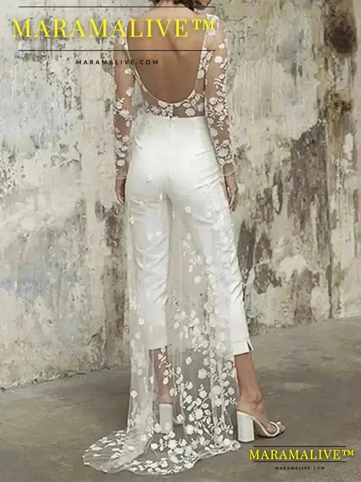 Lace Windbreaker Jumpsuit Women Fake 2 Piece Party Full Sleeve Wedding Long Rompers Playsuits Sexy One Piece Pants Overalls