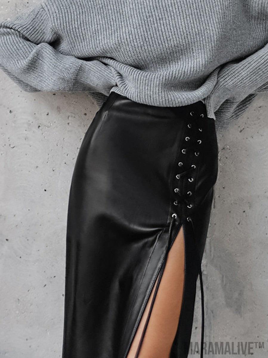 Laced Black Leather Skirt | Side Split Punk Vegan-friendly.