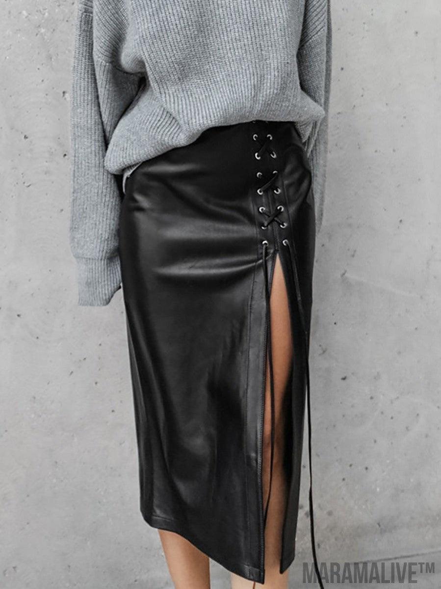 Laced Black Leather Skirt | Side Split Punk Vegan-friendly.