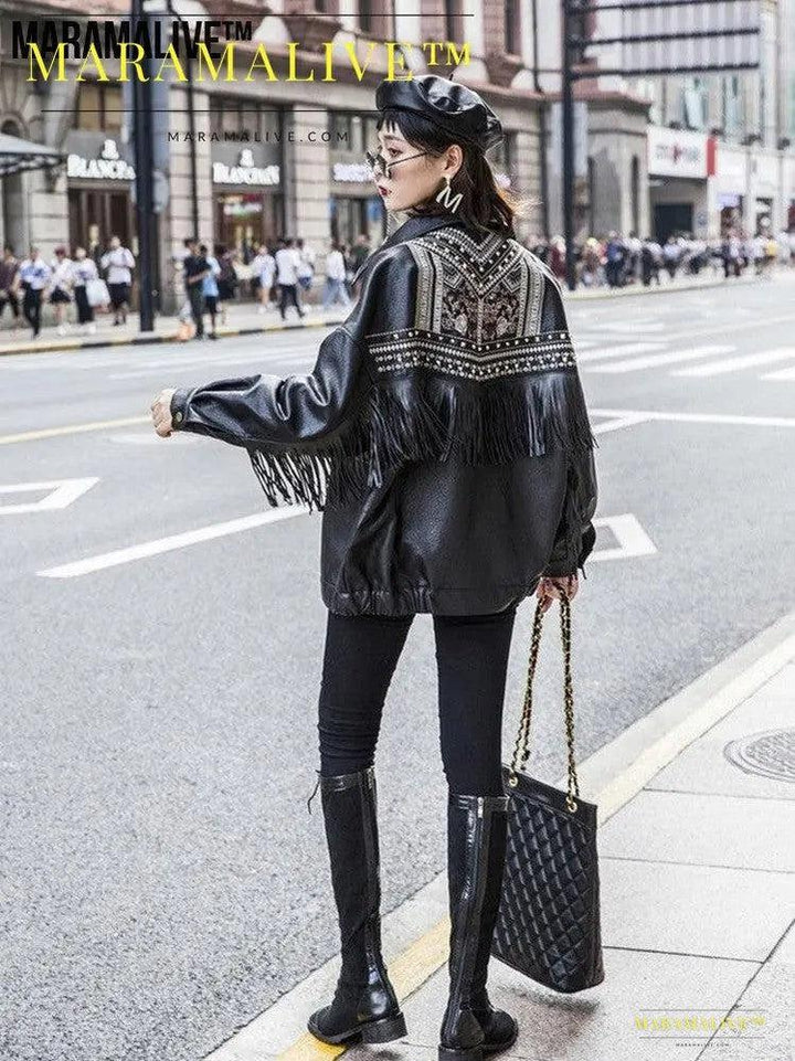 Ladies biker jacket leather- Embroidered, Tassels and Rivets