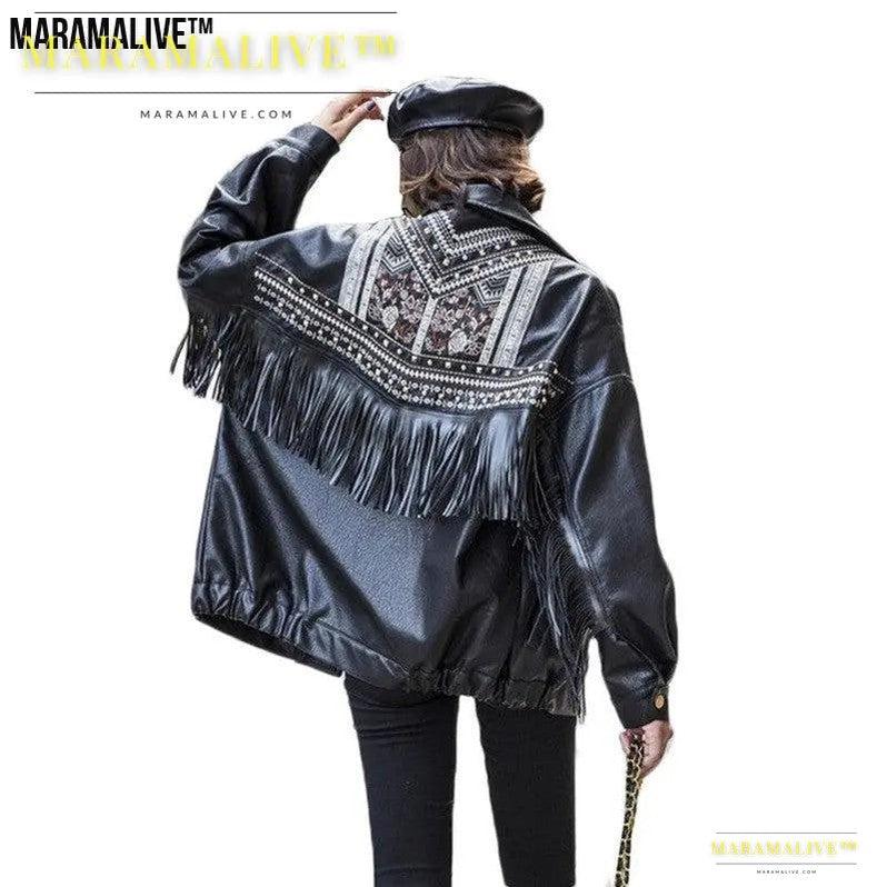 Ladies biker jacket leather- Embroidered, Tassels and Rivets