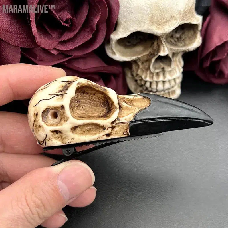 Large Raven Skull Hair Clip Barrette Gothic Headpiece -Resin Skull Hair Accessory Crow Goth Bird Skull Gothic Wedding Bride Gift