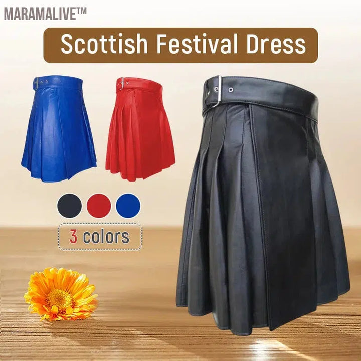 Large Size Men Scottish Traditional Pleated Skirt Scottish Style Solid Leather Belt Skirt Unisex Festival Party Fancy Dress 5XL