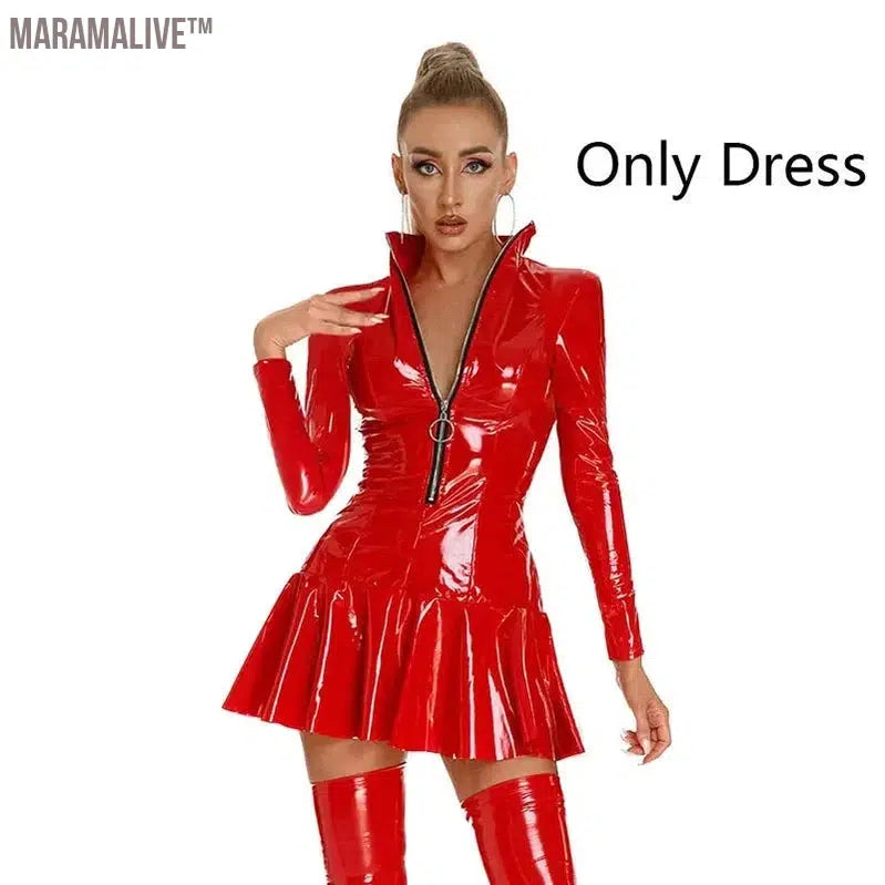 Latex Hollow Zipper Stand Up Collar A-Line Mini Pleated Skirt Latex Dresses Women's Wet PVC Leather Tight Bodycon Mini Dress