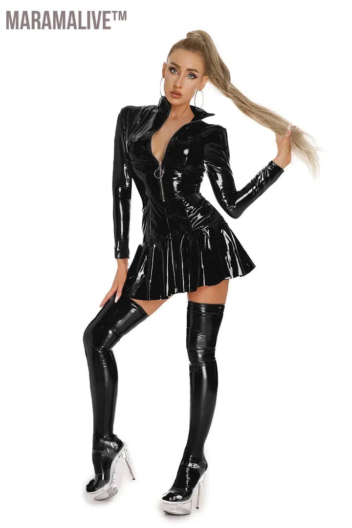 Latex Hollow Zipper Stand Up Collar A-Line Mini Pleated Skirt Latex Dresses Women's Wet PVC Leather Tight Bodycon Mini Dress