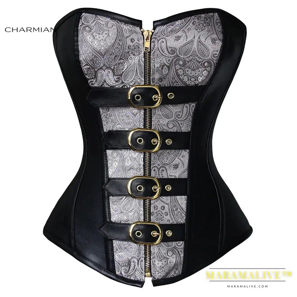 Leather Corset Women 12 Spiral Steel Bones Steampunk Gothic Zipper Overbust Pirate Corset Costume Steampunk Clothing