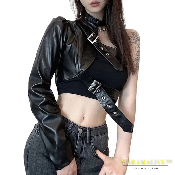 Leather Goth Crop Top for Women Punk Single Long Sleeve Neck Hanger Leather Belt Connected Tops 80s Emo Alt Punk Jacket Coat