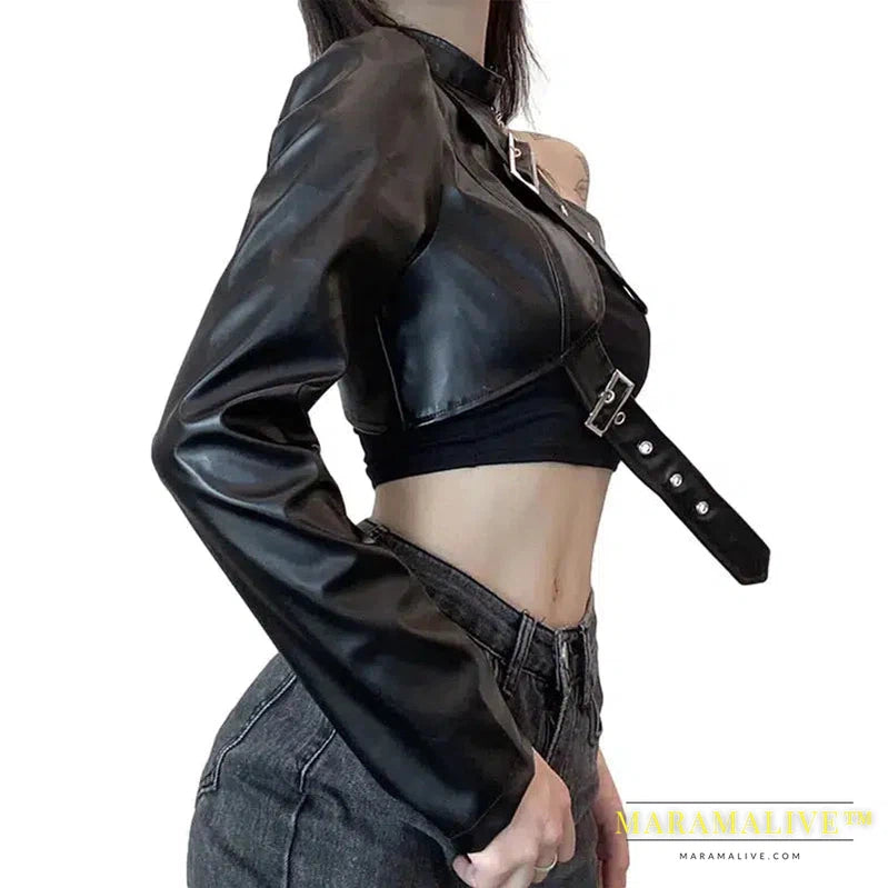 Leather Goth Crop Top for Women Punk Single Long Sleeve Neck Hanger Leather Belt Connected Tops 80s Emo Alt Punk Jacket Coat