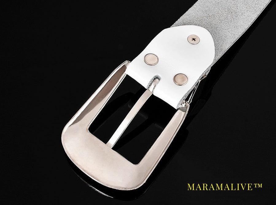 Leather Ladies Belt With Diamond-studded Cowhide Pin Buckle