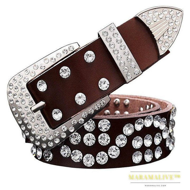 Leather Ladies Belt With Diamond-studded Cowhide Pin Buckle