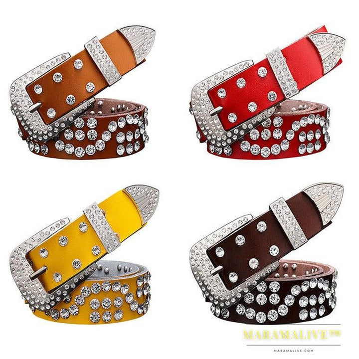 Leather Ladies Belt With Diamond-studded Cowhide Pin Buckle