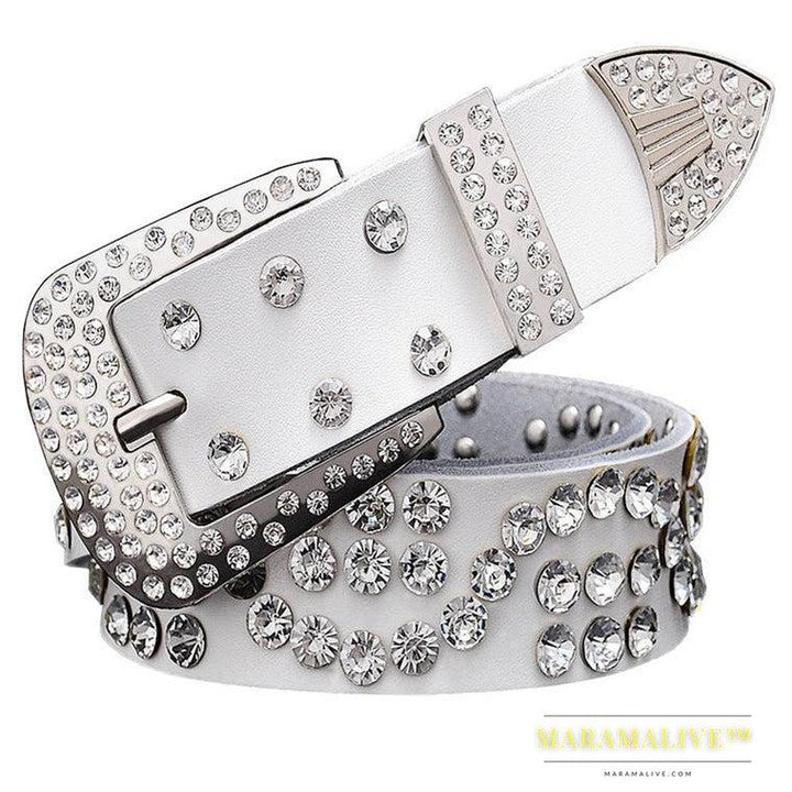 Leather Ladies Belt With Diamond-studded Cowhide Pin Buckle