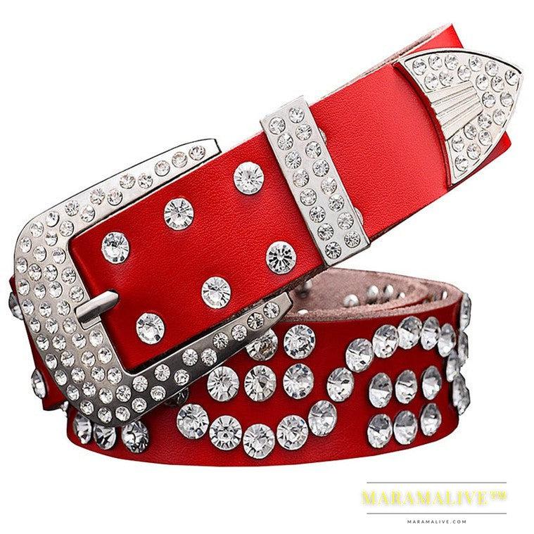 Leather Ladies Belt With Diamond-studded Cowhide Pin Buckle